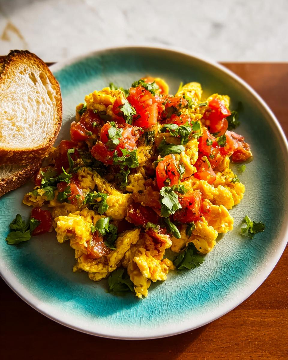 Scrambled eggs with diced tomatoes and fresh cilantro, served with a slice of toast. A quick and easy egg recipe.