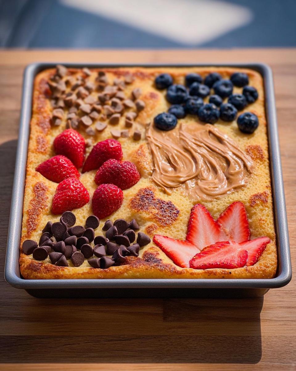 A sheet pan breakfast with sections of strawberries, blueberries, peanut butter, chocolate chips, and mini chocolate chips.