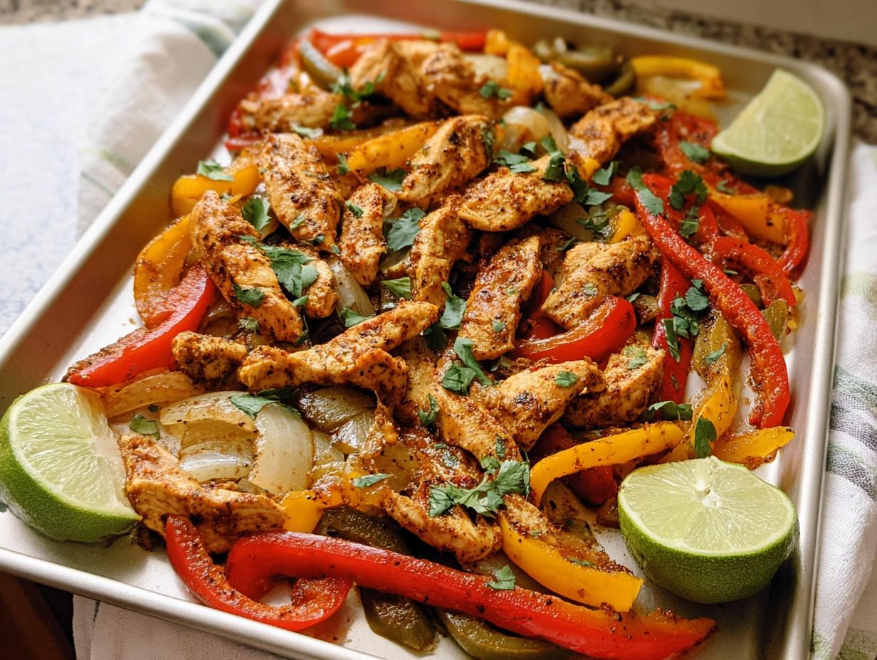 Sheet pan chicken fajitas with colorful bell peppers, onions, and lime wedges, a perfect idea for busy weeknights.