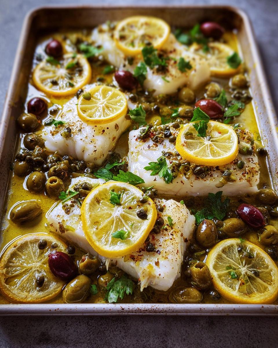 Close-up of baked white fish fillets with lemon slices, olives, capers, and herbs on a sheet pan.