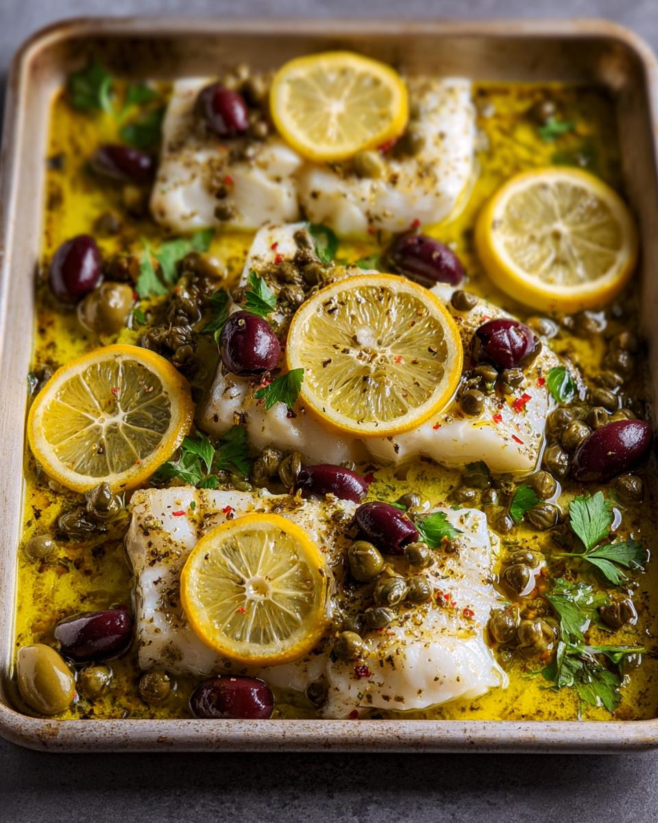 Close-up of baked white fish fillets in a lemon herb sauce with olives, capers, and lemon slices.
