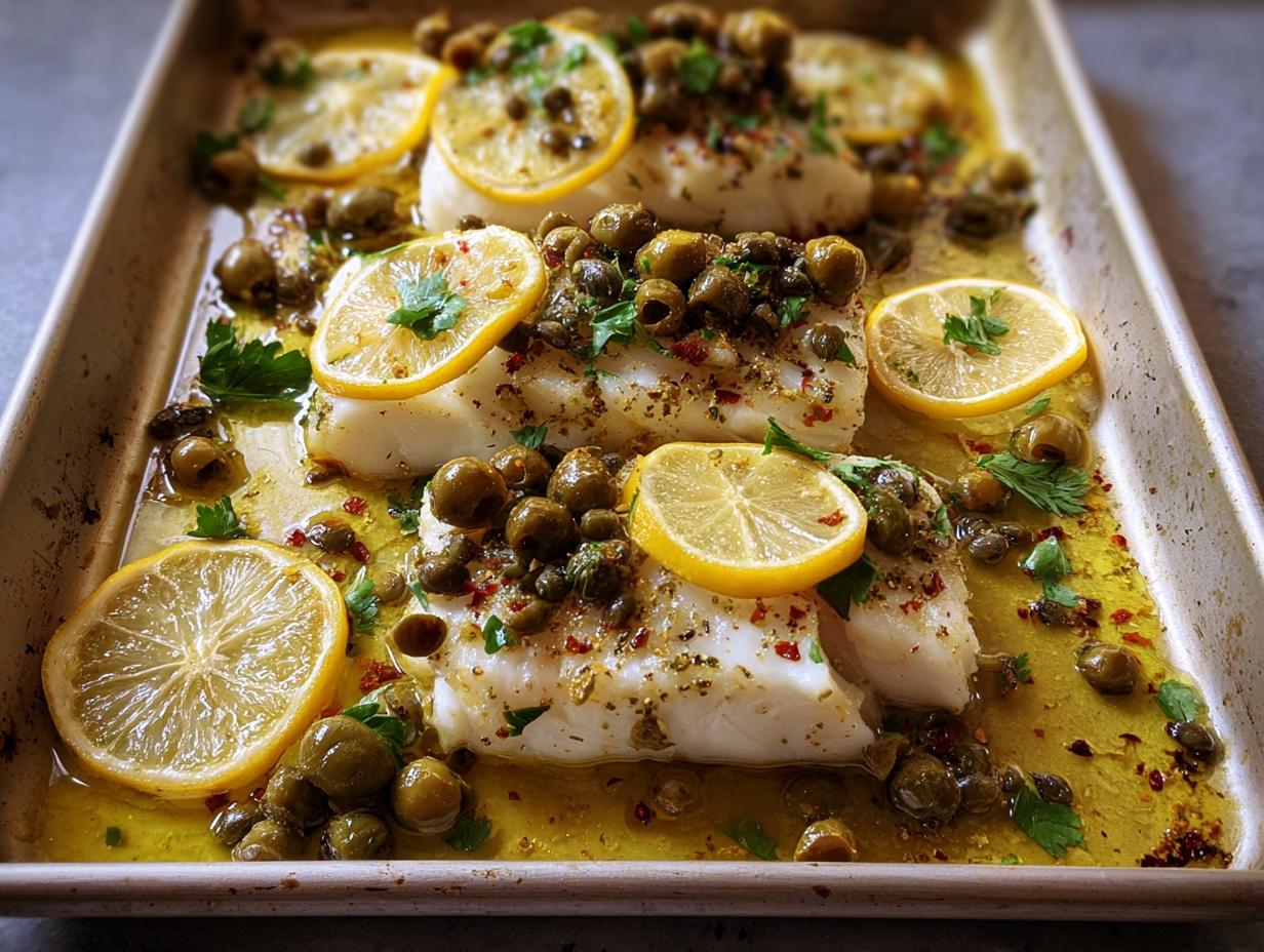 Close-up of baked white fish fillets topped with lemon slices, olives, capers, and herbs on a sheet pan.