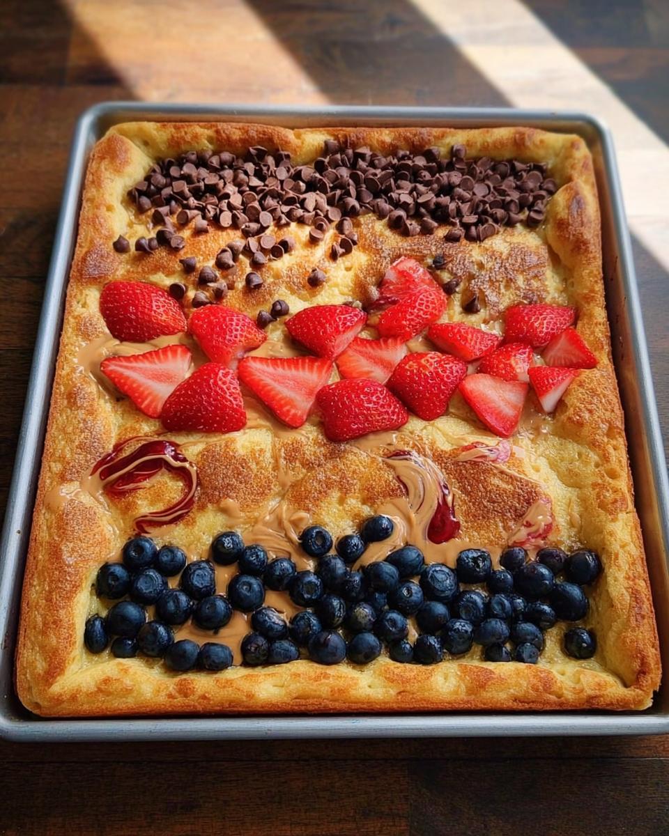 A sheet pan pancake topped with blueberries, strawberries, peanut butter, and chocolate chips, showcasing 10-Ingredient Breakfast Ideas Recipes.