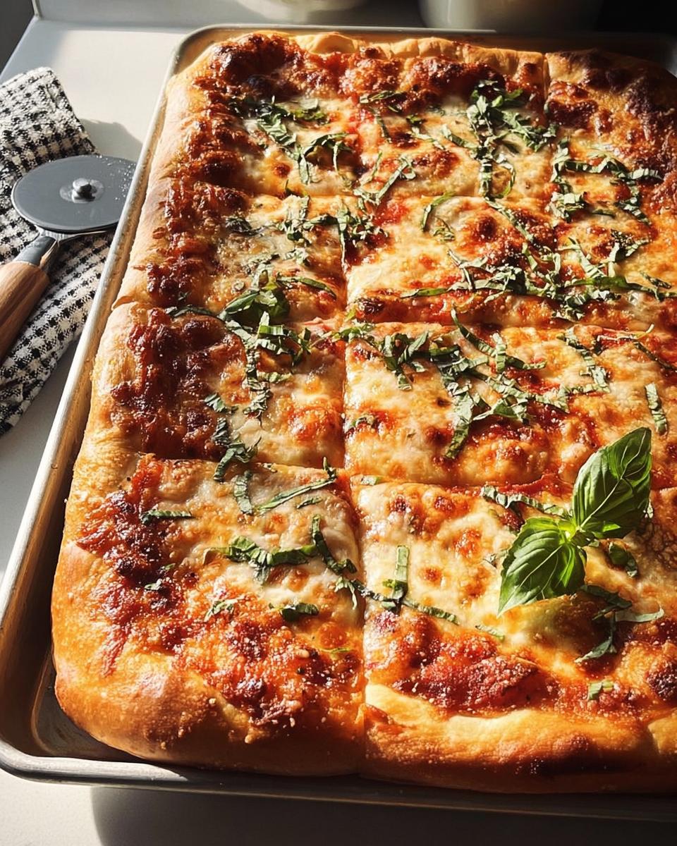 A golden-brown sheet pan pizza topped with melted cheese and fresh basil, perfect for quick Pizza Night Recipes.