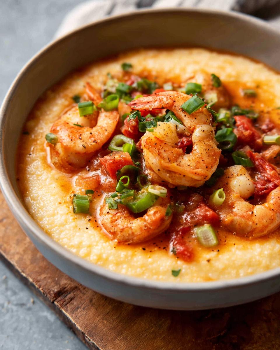 Close-up of shrimp and grits, featuring plump, seasoned shrimp in a savory sauce over creamy grits, garnished with green onions.