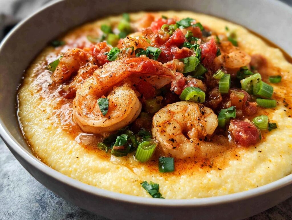 Close-up of creamy grits topped with seasoned shrimp, diced tomatoes, and green onions. A perfect example of 25-Ingredient Shrimp Recipes.