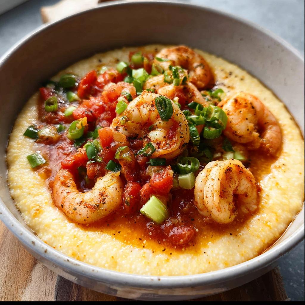 A bowl of creamy shrimp and grits, topped with seasoned shrimp, diced tomatoes, and green onions.