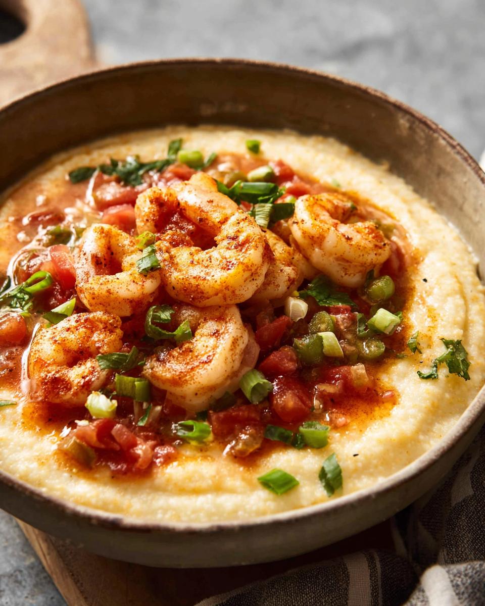 Close-up of a bowl of shrimp and grits, featuring seasoned shrimp, diced tomatoes, and green onions over creamy grits.