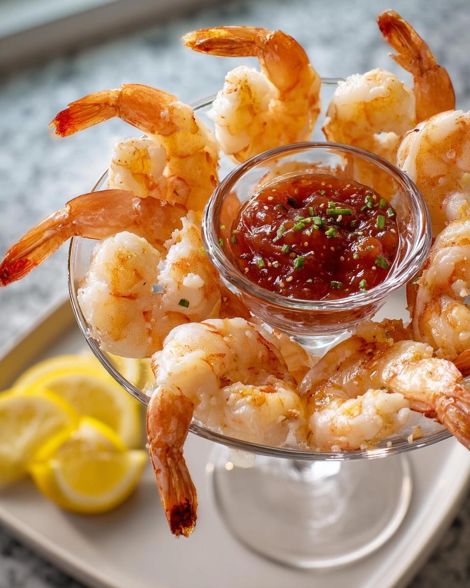A classic shrimp cocktail with cocktail sauce and lemon wedges, perfect for shrimp recipes.