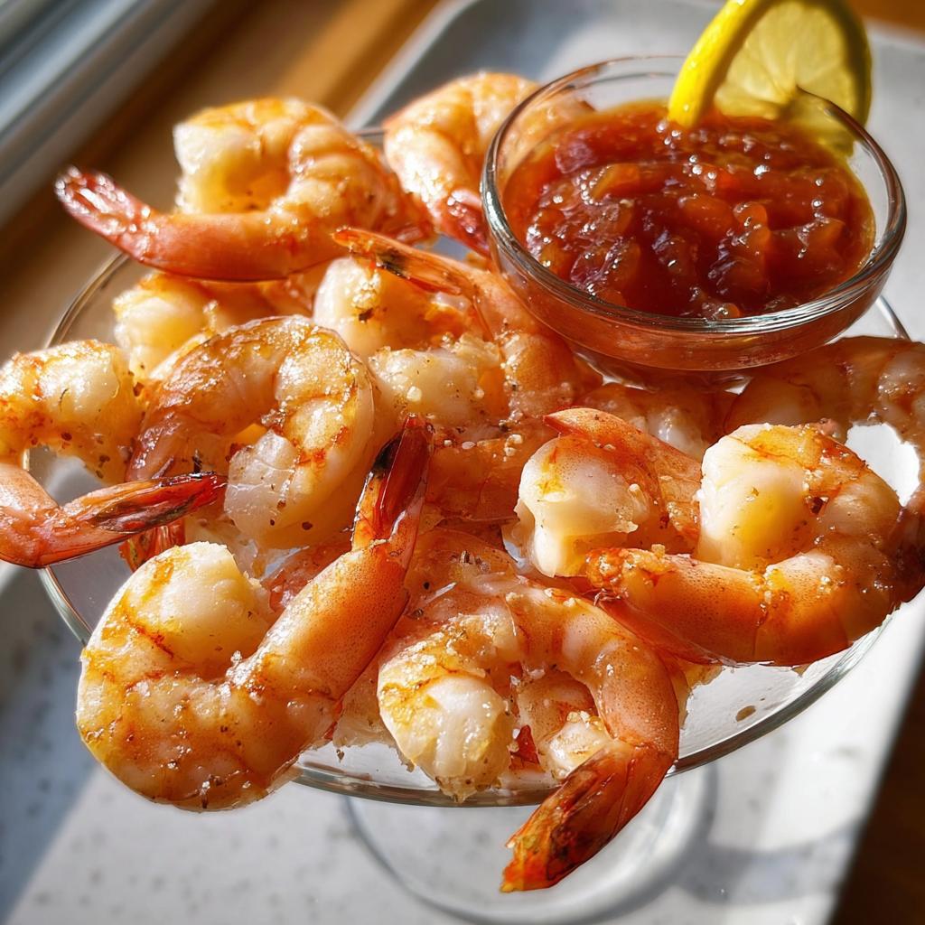 A close-up of a serving dish filled with perfectly cooked shrimp, served with a side of cocktail sauce and a lemon wedge.