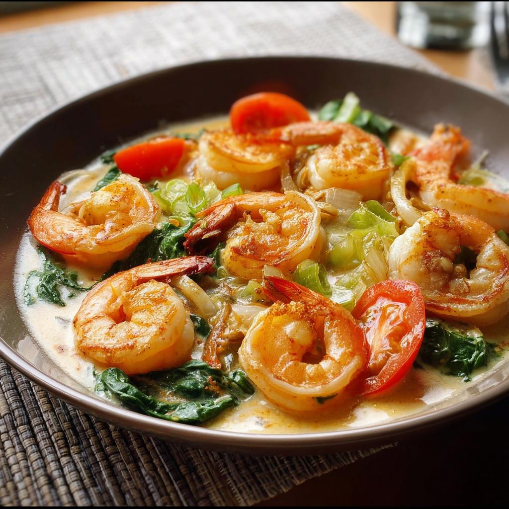 Close-up of a creamy shrimp recipe with plump shrimp, spinach, leeks, and cherry tomatoes.
