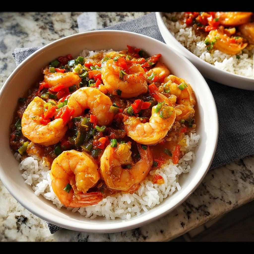 A bowl of white rice topped with succulent shrimp in a flavorful sauce with diced peppers and green onions. A perfect shrimp recipe.