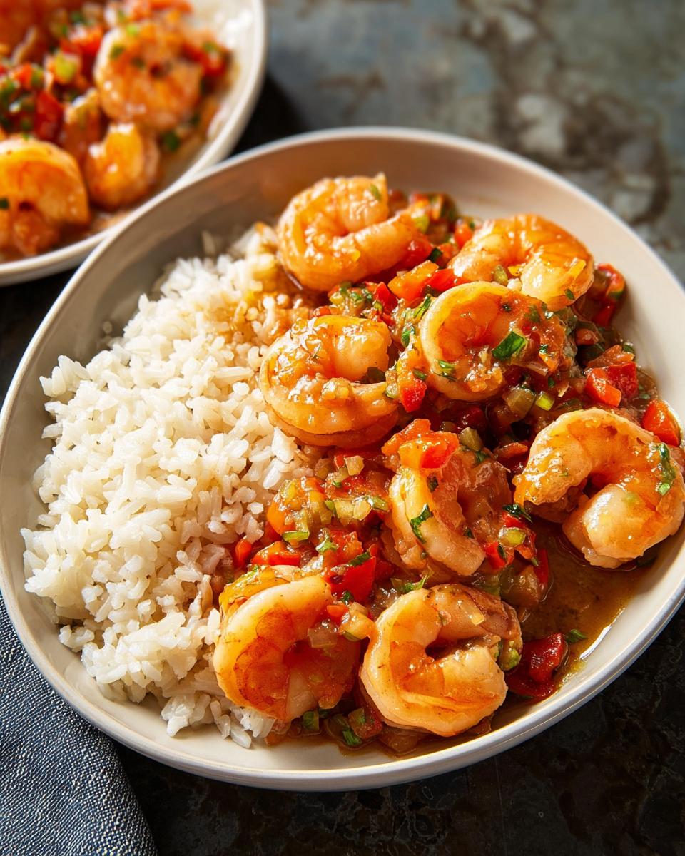 A close-up of a bowl filled with fluffy white rice and topped with succulent shrimp in a savory sauce with diced vegetables.