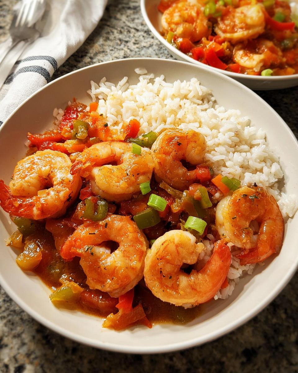 A close-up of a bowl of shrimp recipe with fluffy white rice and colorful bell peppers, a perfect choice for shrimp recipes.
