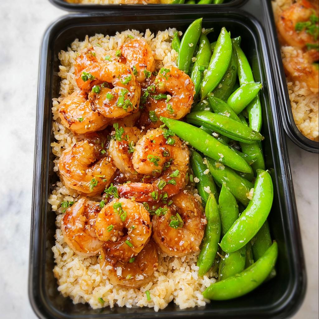 Meal prep container filled with brown rice, glazed shrimp, and snap peas for shrimp recipes meal prep.