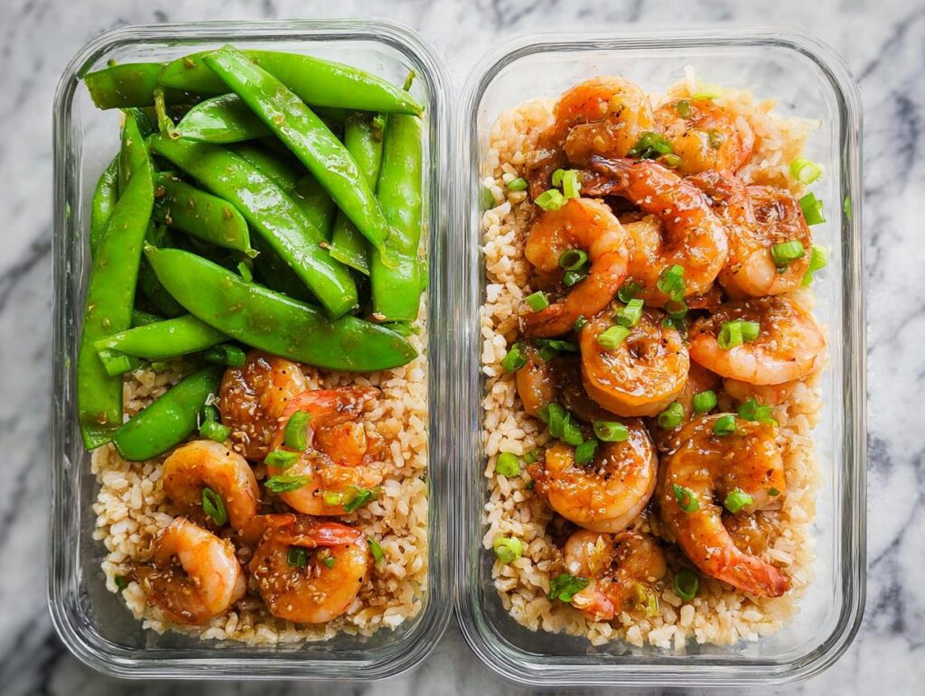 Two glass containers filled with shrimp recipes meal prep: one with brown rice, shrimp, and green onions, the other with brown rice, shrimp, and snap peas.