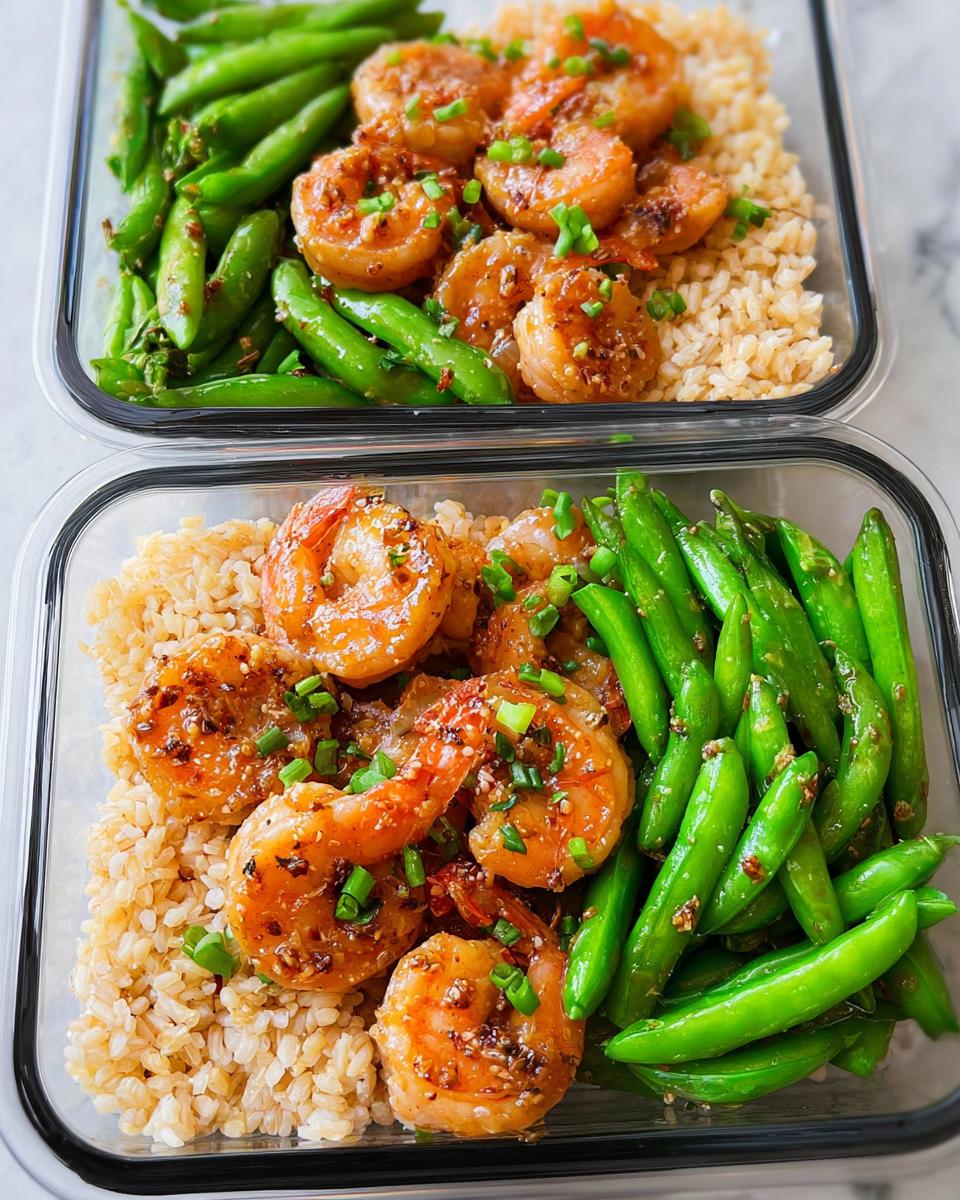 Two meal prep containers filled with brown rice, glazed shrimp, and snap peas, showcasing delicious shrimp recipes.
