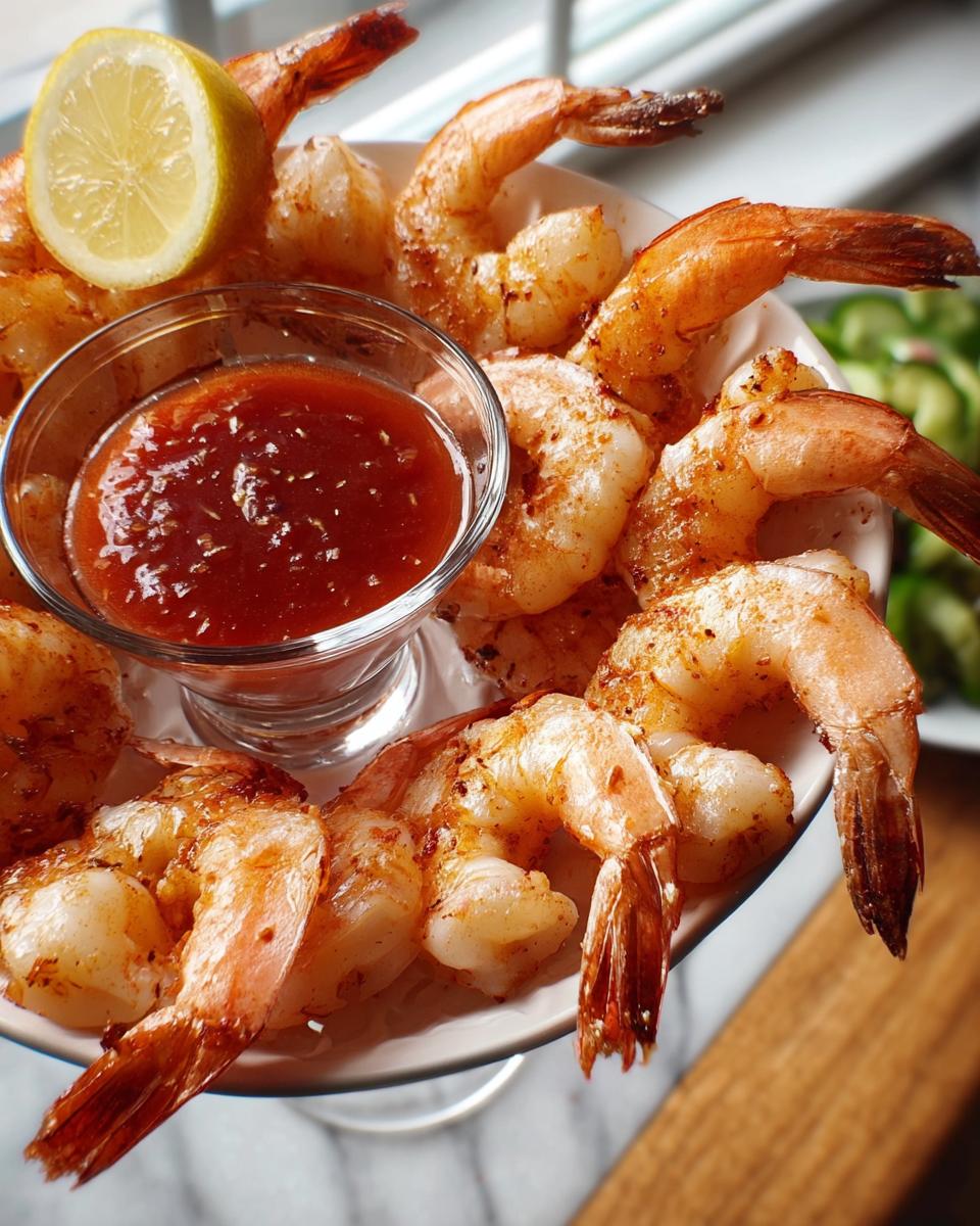 A plate of perfectly cooked shrimp, seasoned and served with cocktail sauce and a lemon wedge.