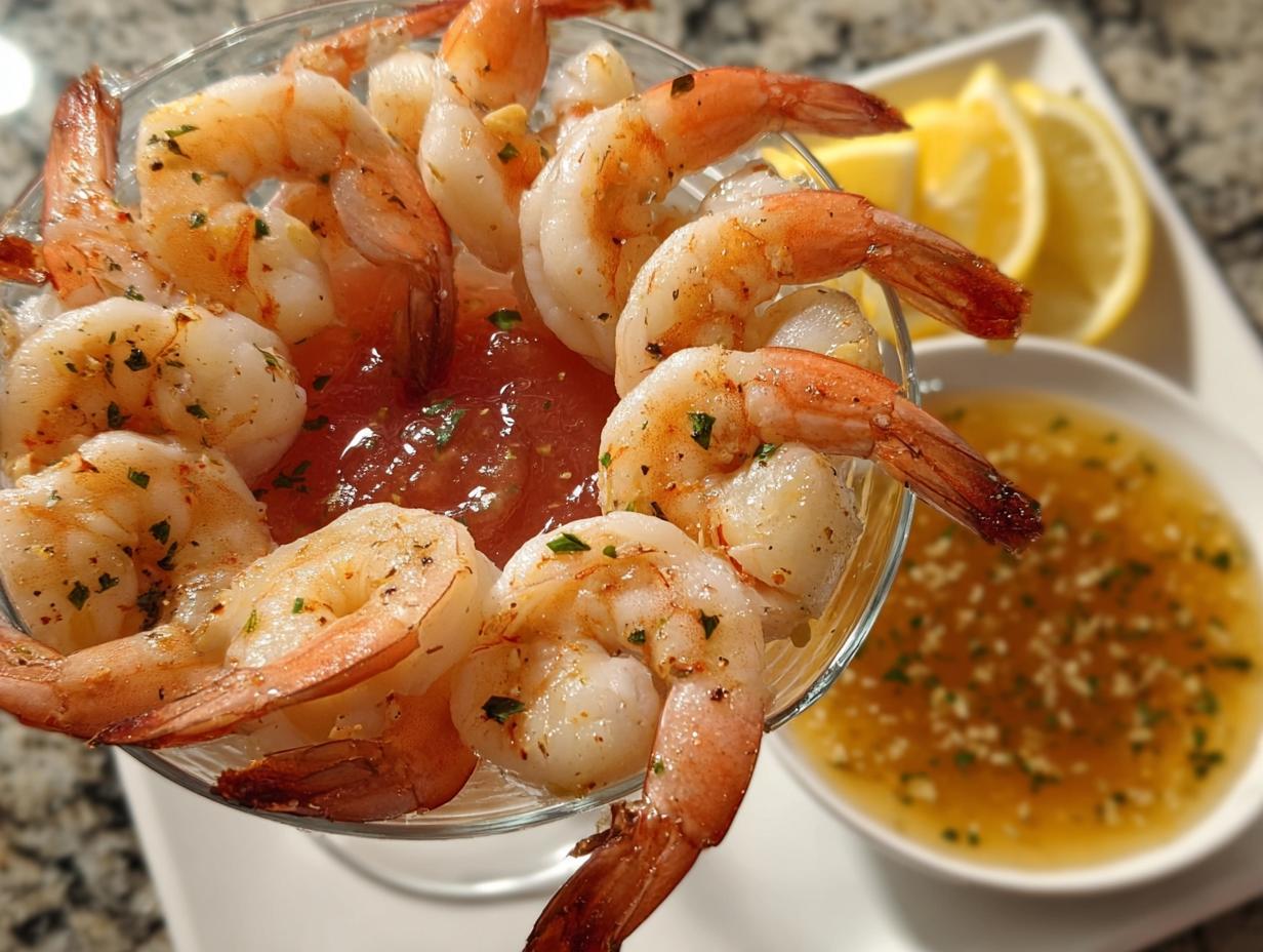Close-up of a classic shrimp cocktail appetizer with perfectly cooked shrimp, cocktail sauce, and lemon wedges.