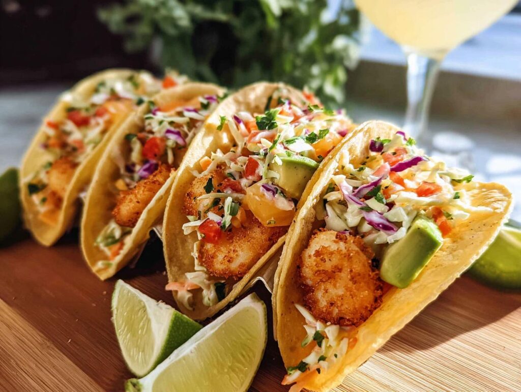 Close-up of four crispy shrimp tacos topped with slaw, avocado, and tomato, served with lime wedges. A quick and easy shrimp recipe.