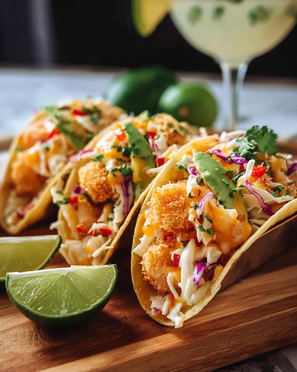 Three crispy shrimp tacos filled with coleslaw, avocado, and a drizzle of sauce, served with lime wedges. A perfect shrimp recipe for busy weeknights.