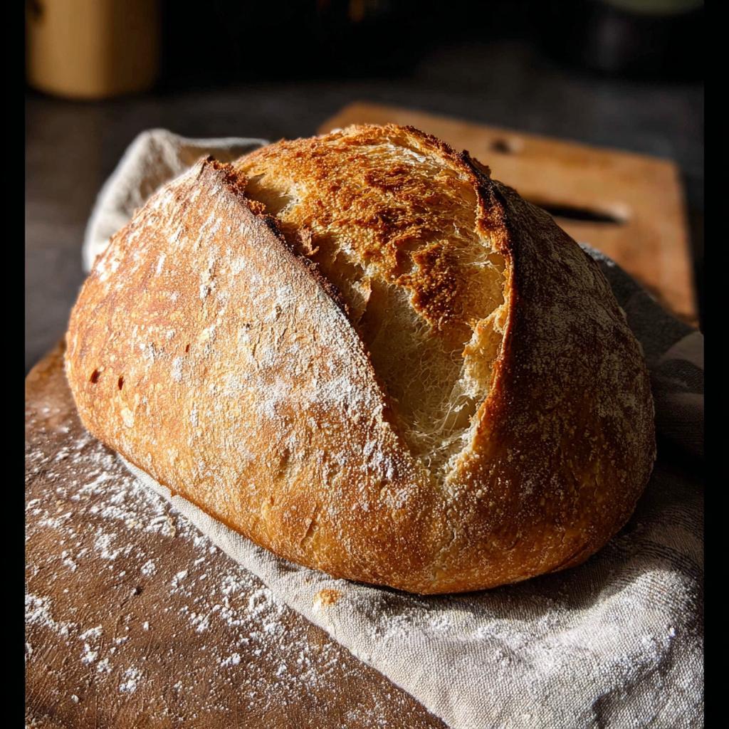 Golden brown sourdough bread loaf with a rustic crust, dusted with flour, on a linen cloth.