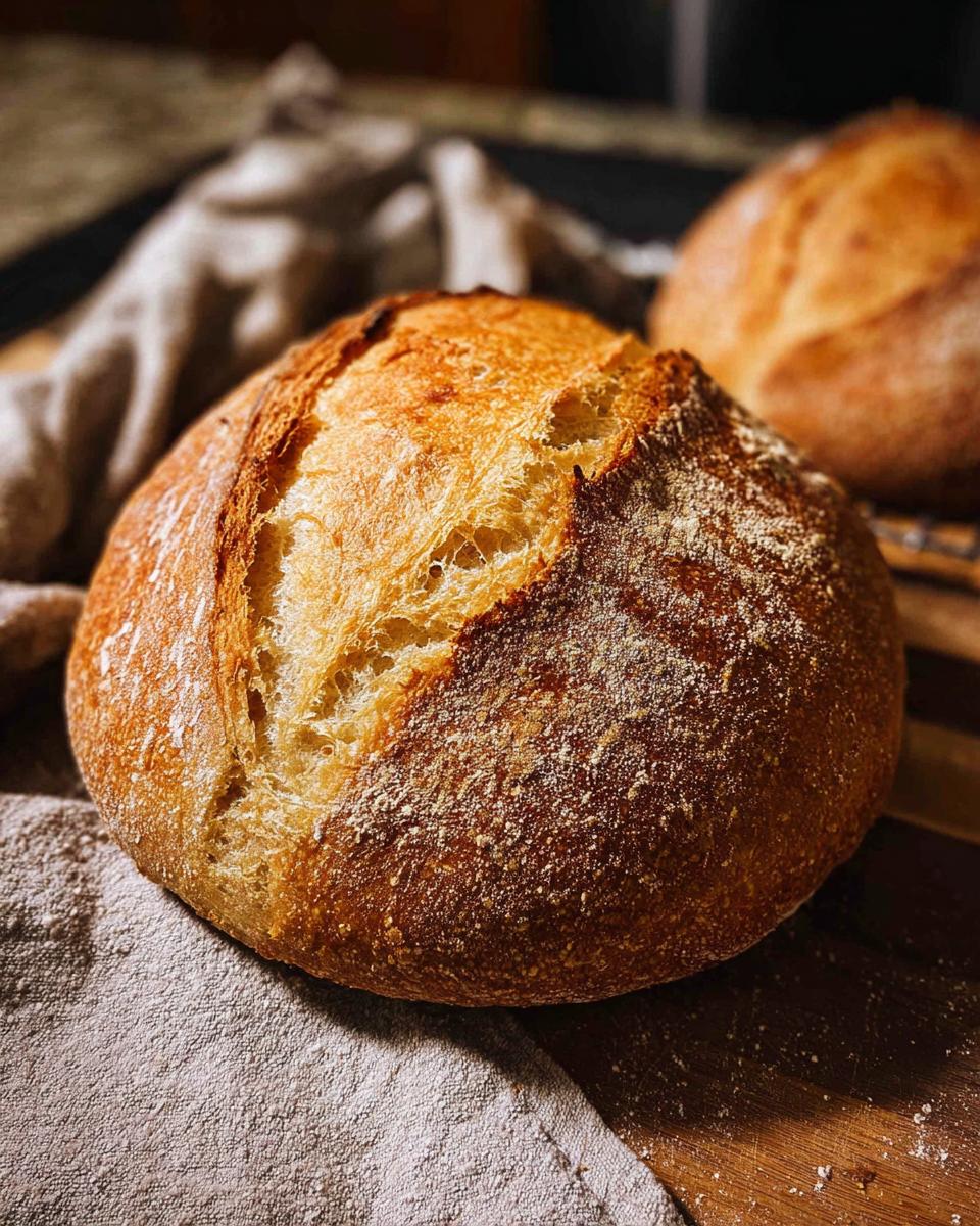 A rustic, golden-brown sourdough bread loaf with a beautifully scored crust, dusted with flour.