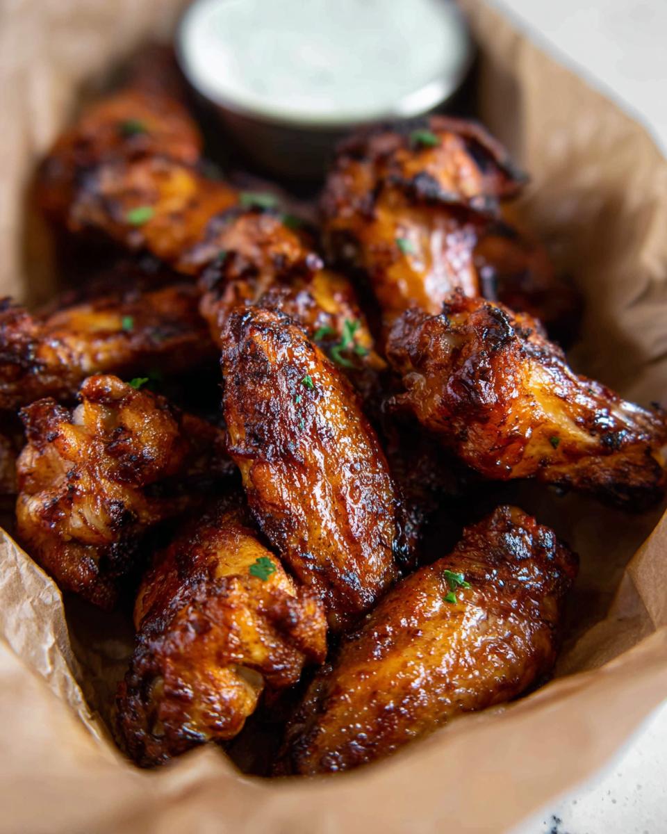 Close-up of delicious, glossy chicken wings served in a basket with a side of dipping sauce.