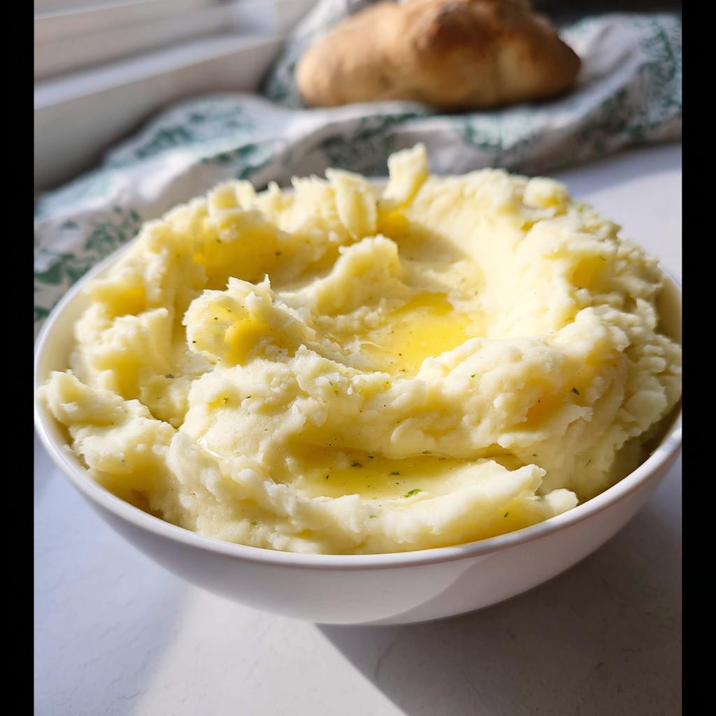 A bowl of creamy mashed potatoes with melted butter and herbs, a quick and easy recipe.