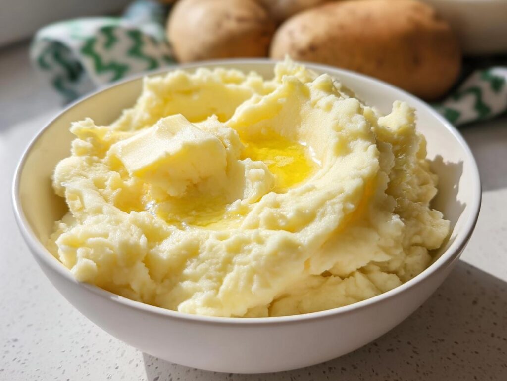 A close-up of a bowl of fluffy mashed potatoes topped with melting butter, part of a 20 minute mashed potatoes recipe.
