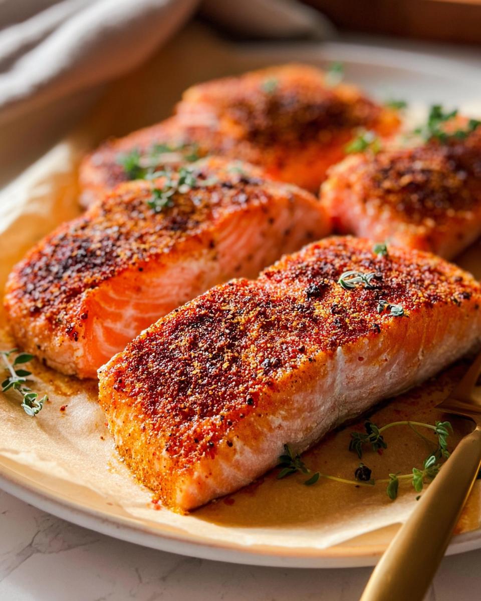 Close-up of perfectly cooked salmon fillets with a crispy spice crust, a delicious option for salmon recipes.