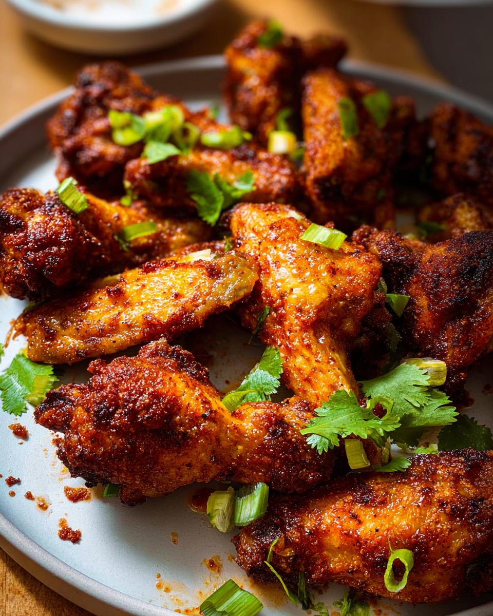 Close-up of delicious, crispy, spicy chicken wings recipe, garnished with fresh green onions and cilantro.