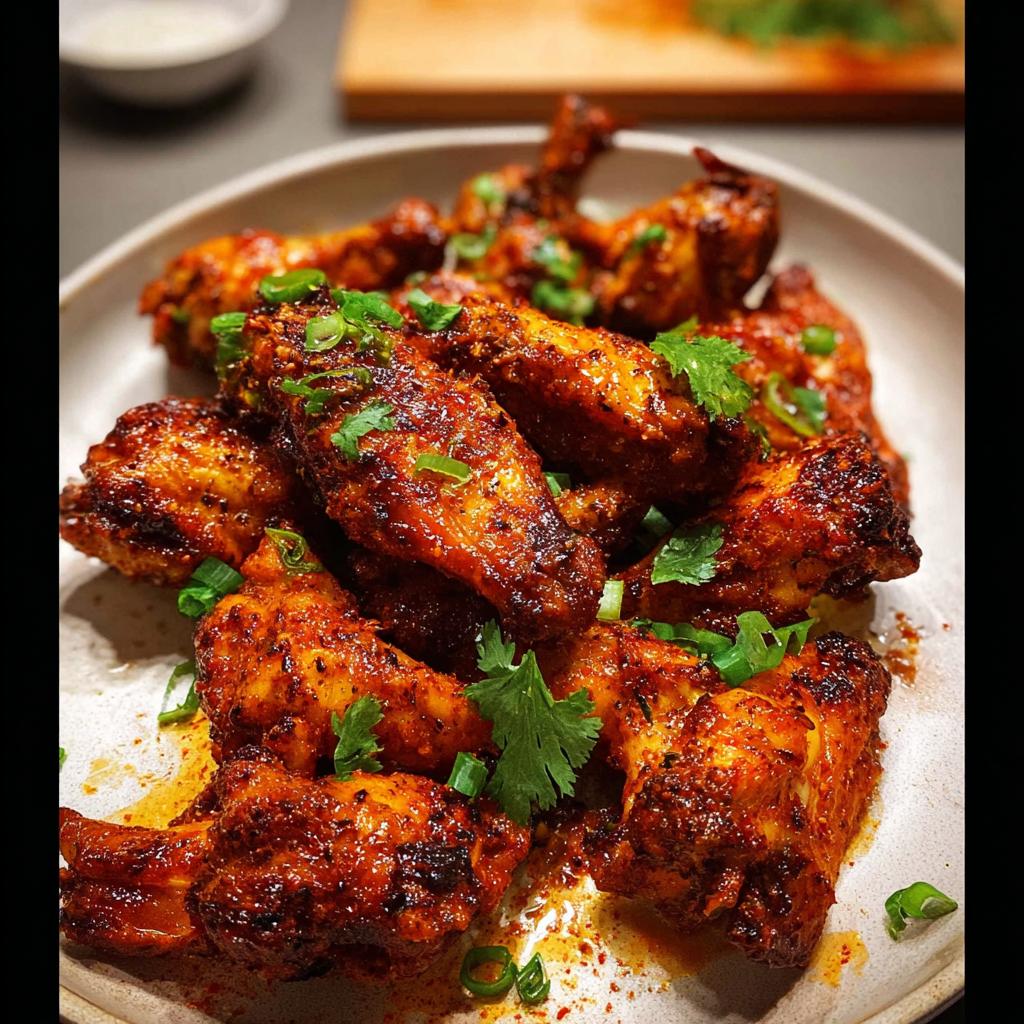 A plate piled high with delicious, crispy, spicy chicken wings, garnished with fresh cilantro and green onions.