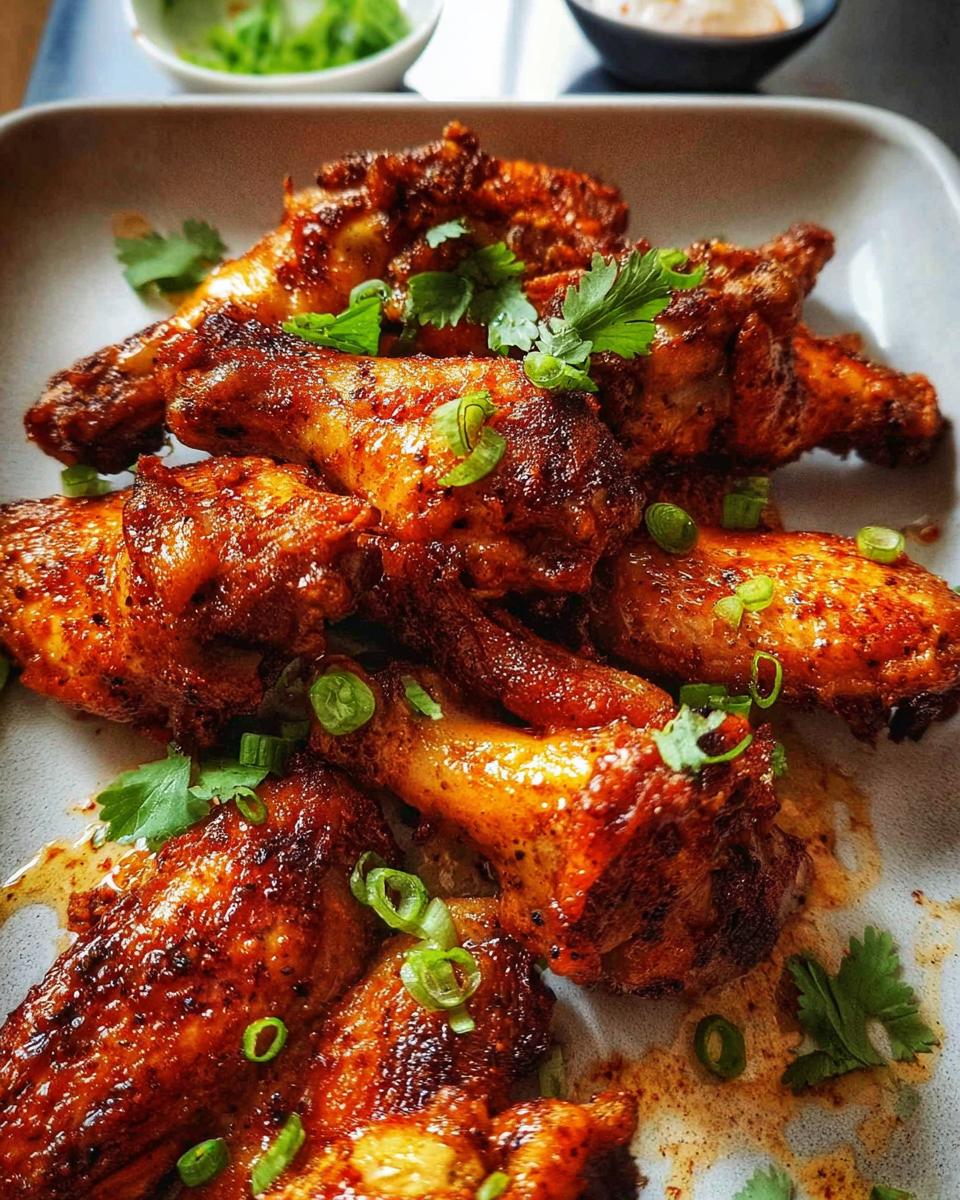 A close-up of delicious, spicy chicken wings recipes, garnished with green onions and cilantro.