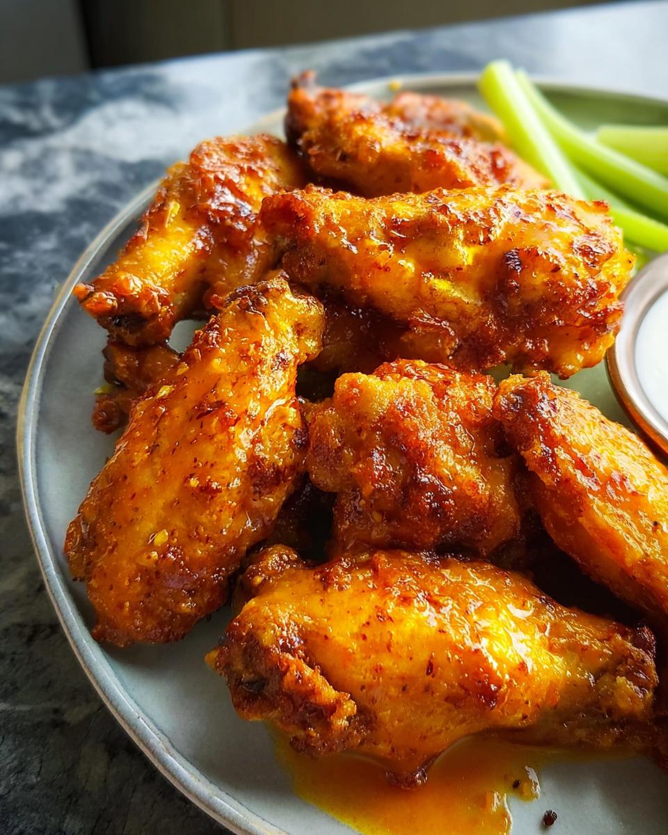 Close-up of delicious, spicy glazed chicken wings served with celery sticks and dip.