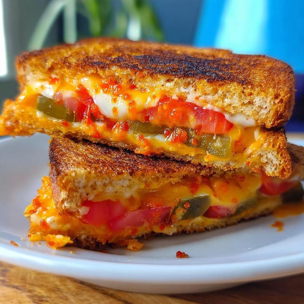 Close-up of a spicy grilled cheese recipe, showing melted cheese, chopped tomatoes, and jalapenos between toasted bread.
