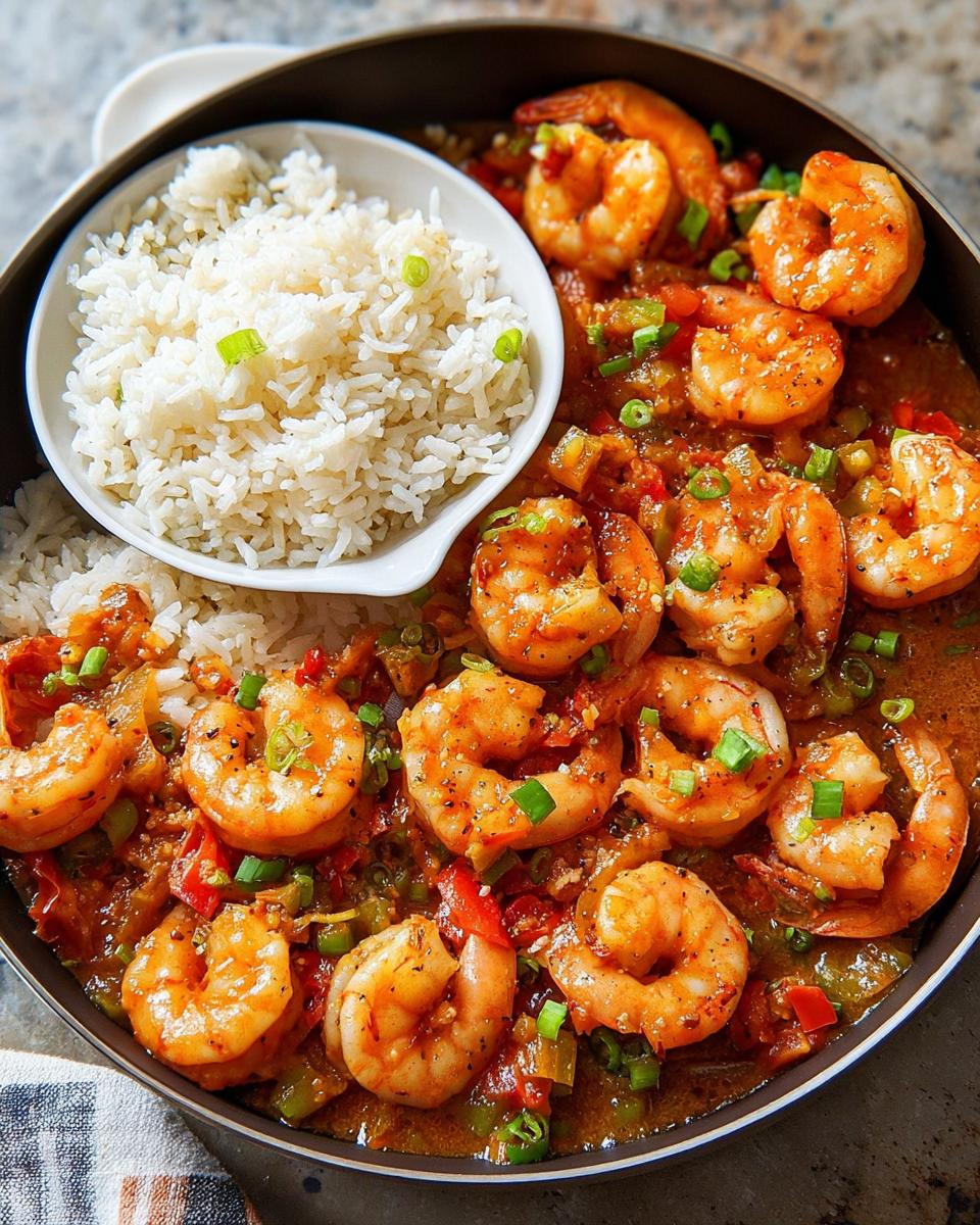 A bowl of white rice served with a generous portion of spicy shrimp in a rich sauce, garnished with green onions. A perfect shrimp recipe.
