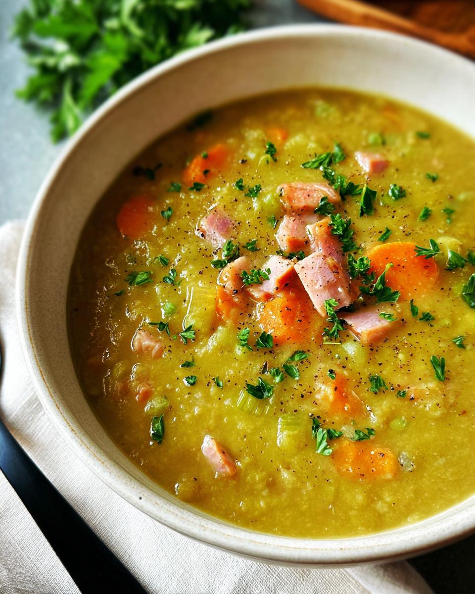A close-up of a bowl of hearty split pea soup with ham, carrots, and parsley, perfect for soup recipes.
