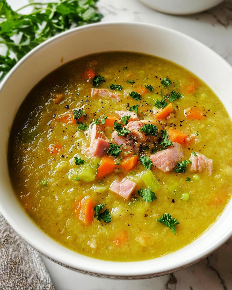 A bowl of hearty split pea soup with ham, carrots, and celery, garnished with parsley and black pepper.