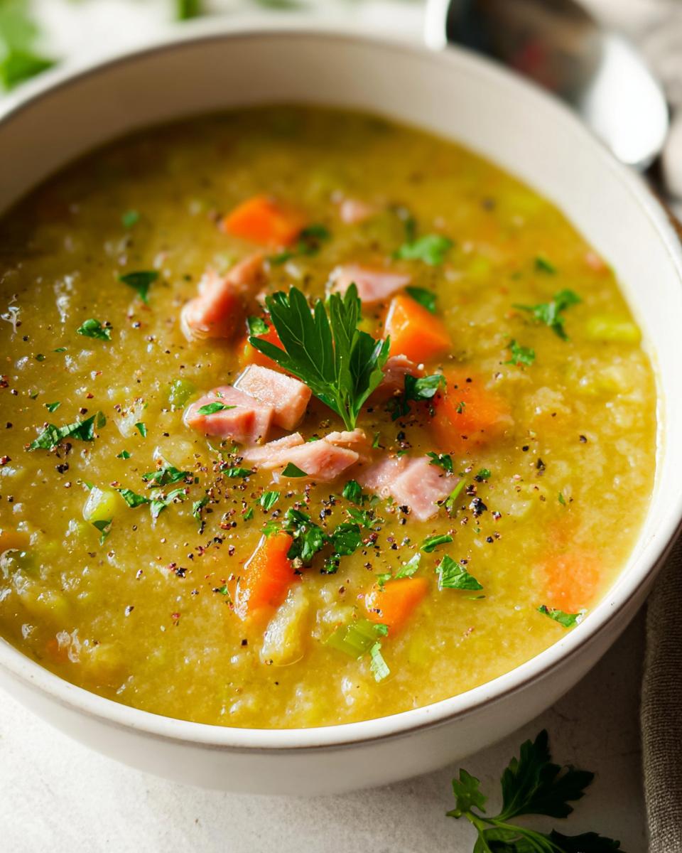 A bowl of hearty split pea soup with ham, carrots, and parsley, perfect for learning how to make soup recipes.