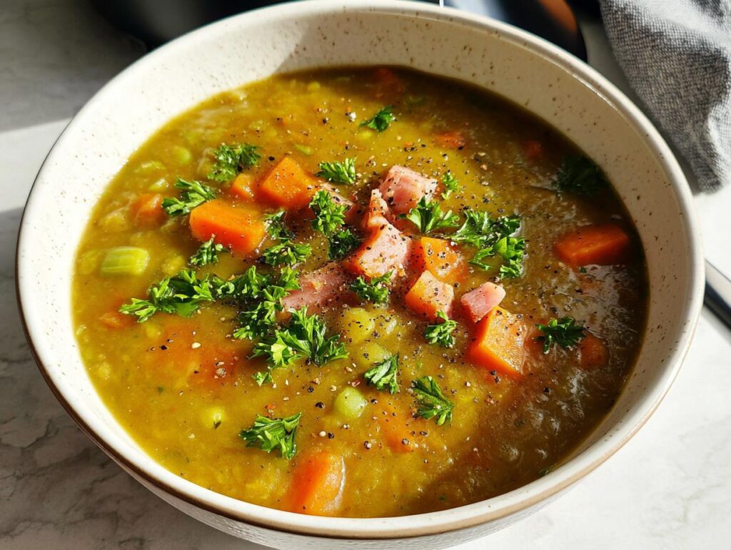 A close-up of a bowl of hearty split pea soup recipe with ham, carrots, and parsley.