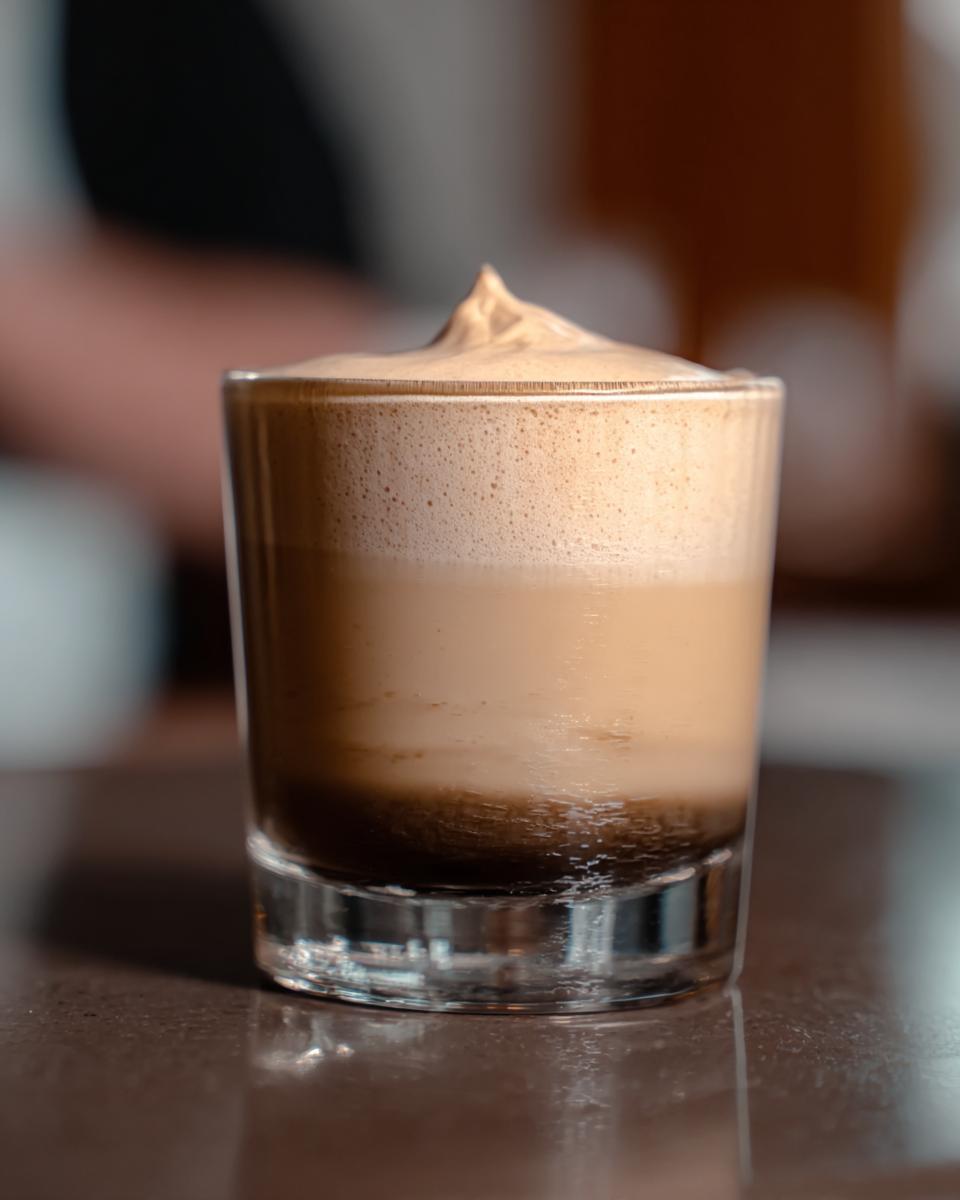 A layered Starbucks Dalgona coffee drink in a glass, featuring whipped coffee foam on top of milk.