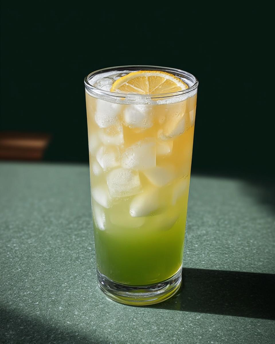 A tall glass filled with ice and a layered green and yellow Starbucks drink, topped with a lemon slice.