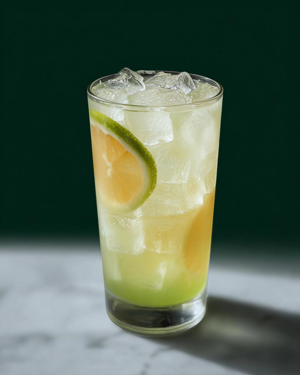 A tall glass filled with ice, a layered green and yellow drink, and garnished with citrus slices. A Starbucks drink recipe.