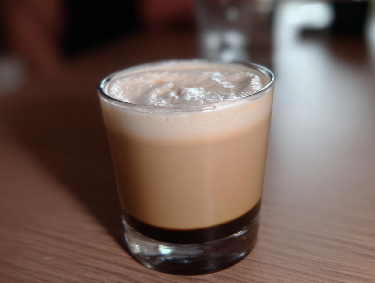 A layered Starbucks drink with dark coffee at the bottom, creamy milk, and foam on top.