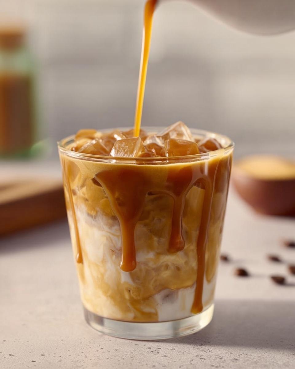 Close-up of iced coffee with caramel drizzle, a popular Starbucks drink recipe.
