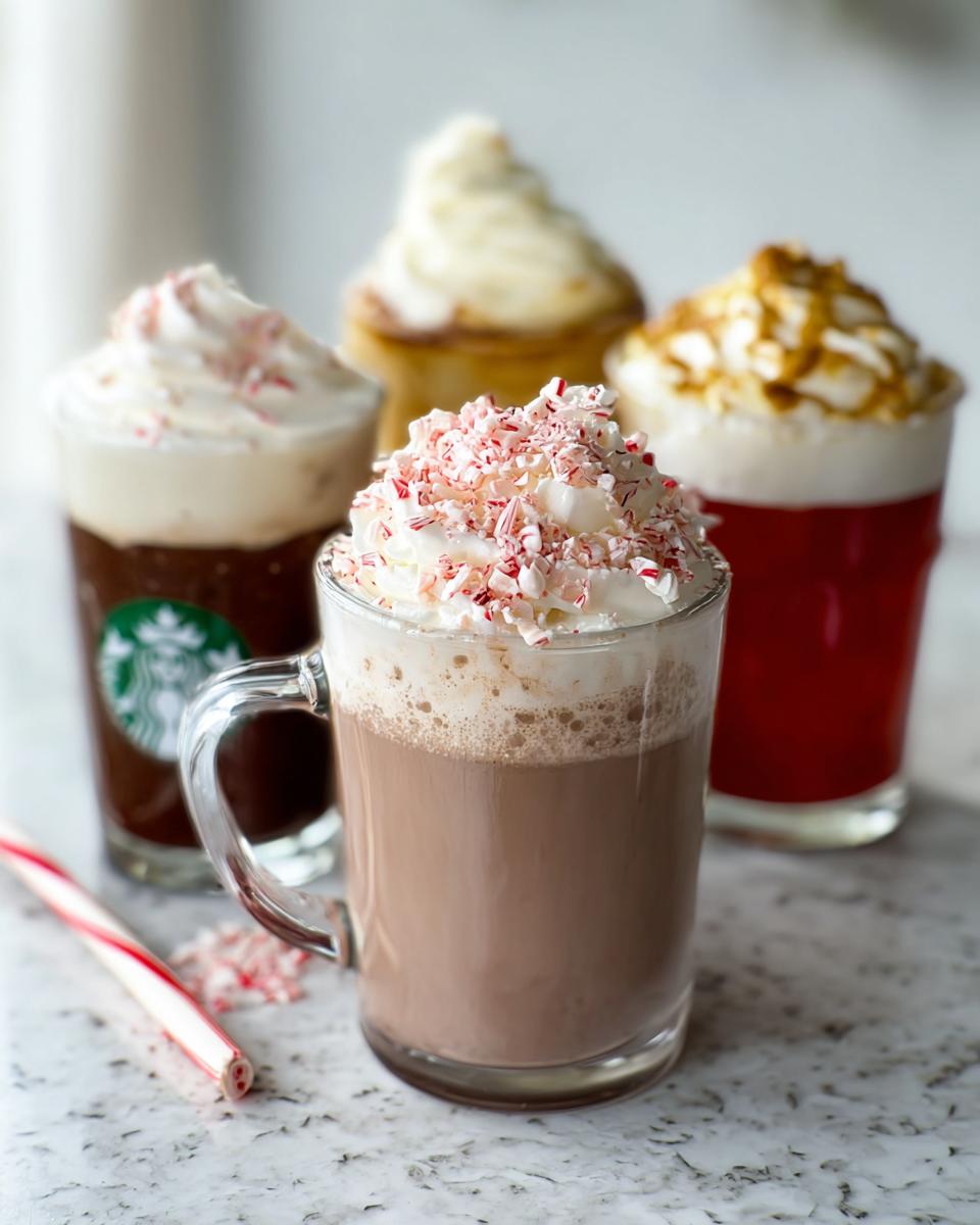 A close-up of a Starbucks peppermint hot chocolate topped with whipped cream and crushed candy canes, with other Starbucks drinks in the background.