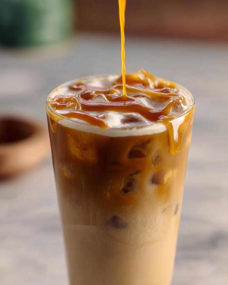 Close-up of iced coffee with caramel drizzle being poured on top, a popular Starbucks drinks recipe.