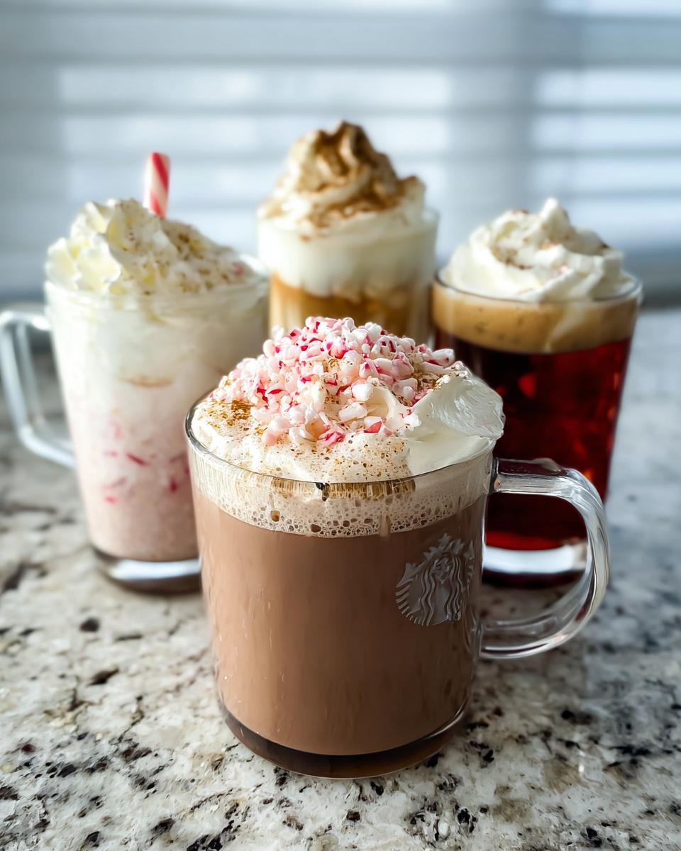 A collection of four delicious Starbucks drinks recipes, including hot chocolate with peppermint, a pink drink, and two coffee beverages topped with whipped cream.