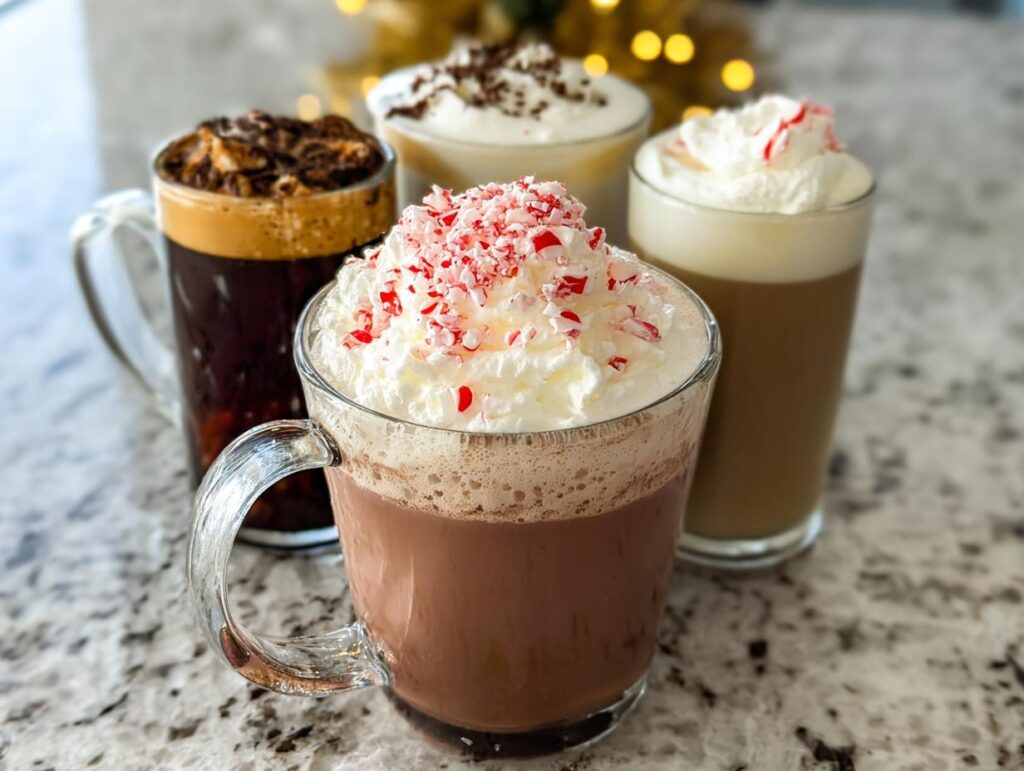 A variety of festive Starbucks drinks recipes, including a peppermint mocha, coffee, and latte, topped with whipped cream.